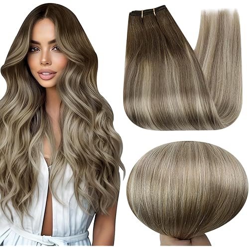 Full Shine Sew In Extensions Real Human Hair Weft Straight Hair Extensions Color #3/8/22 Olive Brown to Ash Brown Highlight Medium Blonde Remy Hair Extensions 18 Inch Human Hair Bundles 105 Grams