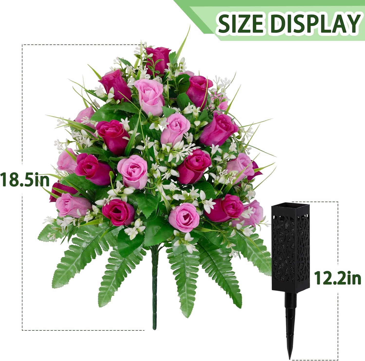 MOOMASS 2 Sets Artificial Cemetery Flowers, Purple and Pink Realistic Roses Bouquet, Outdoor Grave Decorations with Non-Bleed Colors, Accompanied by 2 Long Nail Vases (Purple+Pink)