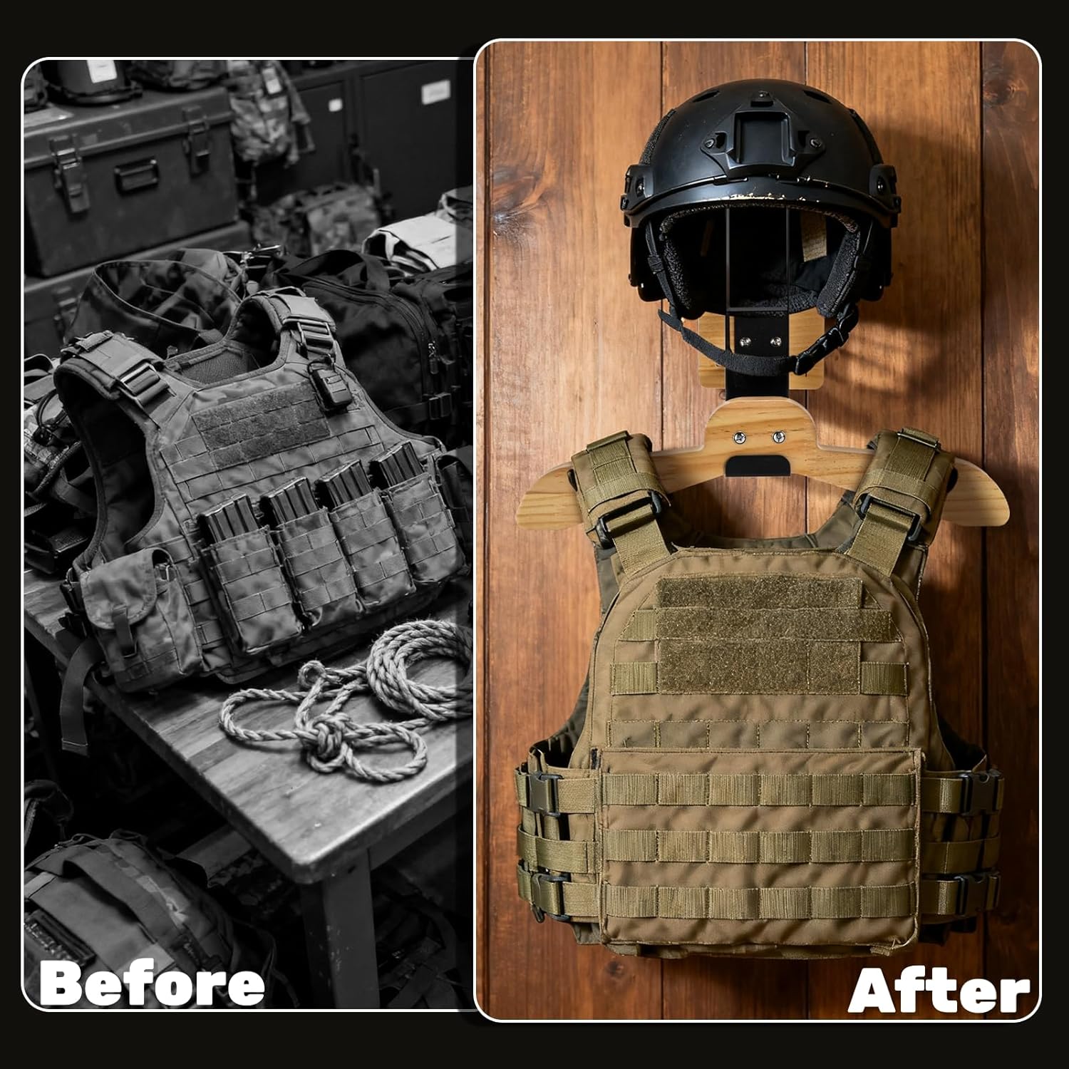 Motorcycle Helmet Holder, Tactical Gear Rack Wall Mount, Solid Wood Body Armor Stand, Plate Carrier Hanger Display Organizer for Police Football Football Skiing, Jacket, Equipment