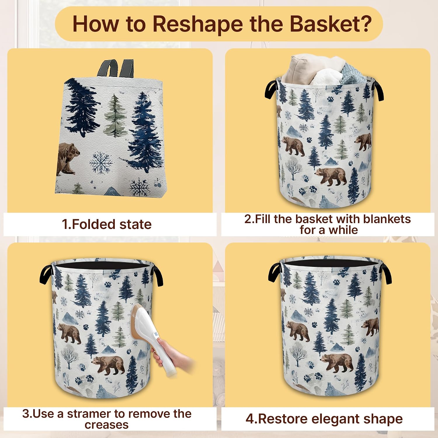 Bear Paw Collapsible Laundry Basket,Forest Animal Waterproof Oxford Cloth Hamper with Handles,Portable Storage Organizer for Laundry Room Bedroom image 4