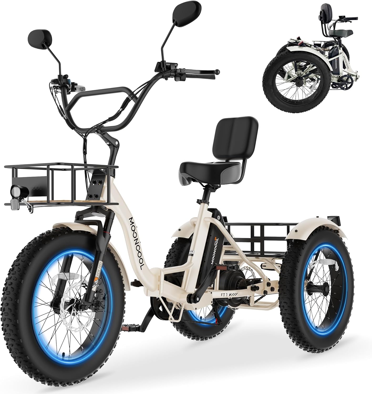 MOONCOOL Electric Tricycle for Adults, 20" x 4" Fat Tire Electric Trike, 48V 500W 3 Wheel Electric Bike, 7 Speed E Trikes for Adults with Removable Battery, Aluminum Frame & Large Basket