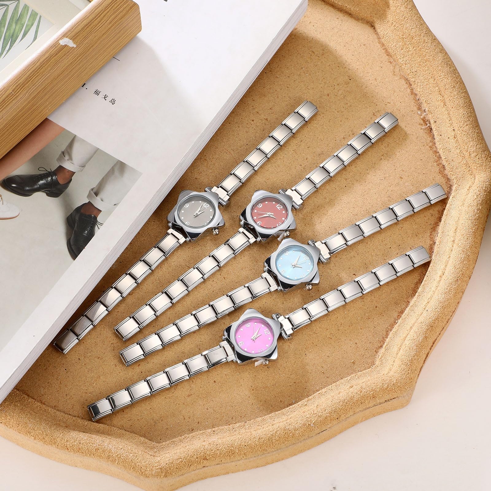 papasgix Italian Charm Bracelet Watches for women men Watch Charm Bracelet Band Star Watch Italian Charms Gold Silver Watches Compatible with 9MM Italian Bracelets Charms: Silver Pink