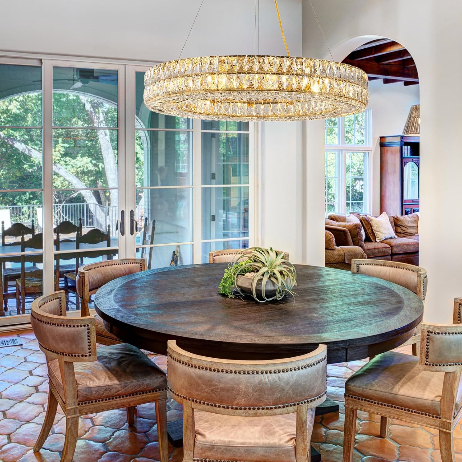 Homeooze12-Lights Ring Crystal Chandelier, Modern Chandeliers Lighting and Hanging Ring Adjustable, Ceiling Light Fixture for Living Room Dining Room Bedroom (Gold, 32")