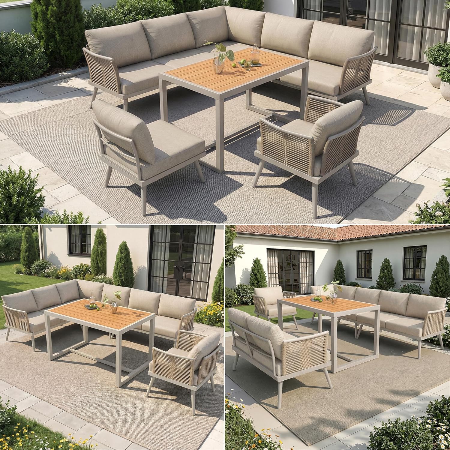 Ensemble Salon de Jardin Modulable 7 Places en Forme de L, Canapé d'Angle avec Accoudoirs Tressés et Structure Fer Antirouille, Table Basse en Bois Composite WPC, Coussins Épais de 9 cm Inclus, Beige.