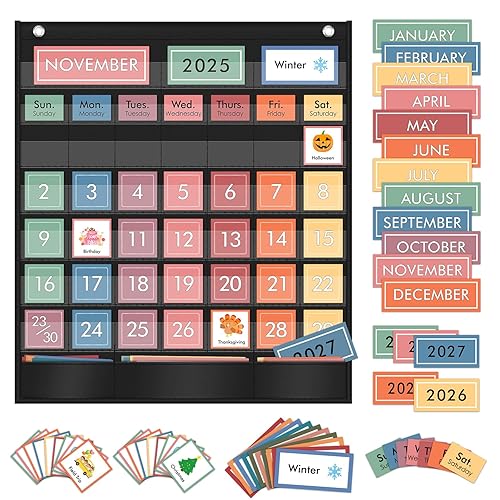 ZKOO Rainbow Calendar Pocket Chart with 97 Educational Cards, Large 20"x23.6" Weather Calendar Pocket Chart Perfect for Preschool Homeschool Learning, Monthly Calendars with 3 Storage Pockets (Black)