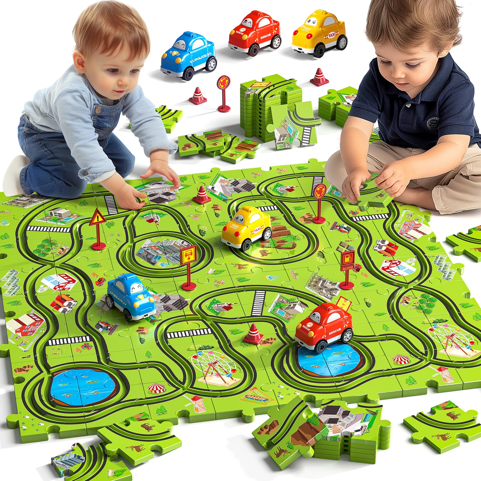 JUKUDAHU 64 Pieces Puzzle Race Track Car Set Toys for 3 4 5 6 Year Old Boys - Puzzle Tracks Car Toys for Kids Ages 3-5 with 3 Sliding Toy Cars, City-Themed, Birthday Gifts for Toddlers 1-3 2-4 4-6