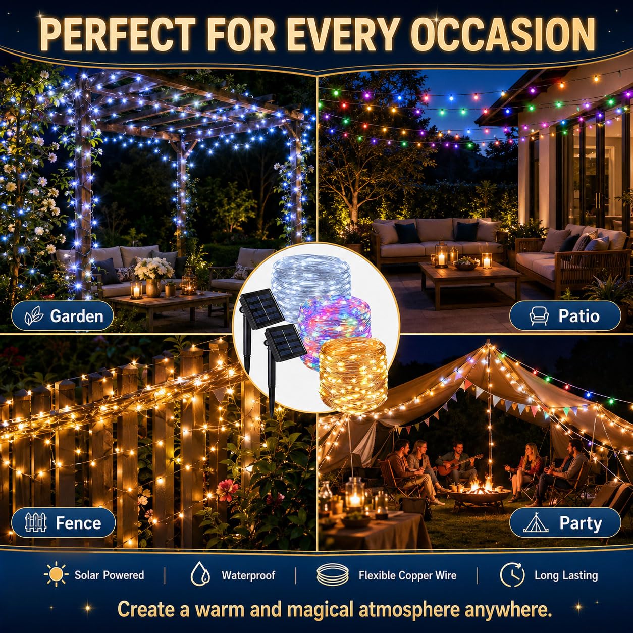 Hiseng Guirlande Lumineuse Exterieure Solaire, LED Solaire Extérieur Pour Deco Jardin Terrasse Balcon, Guirlande Guinguette Étanche 8 Modes Éclairage Pour Camping Fête (Couleur,100M)