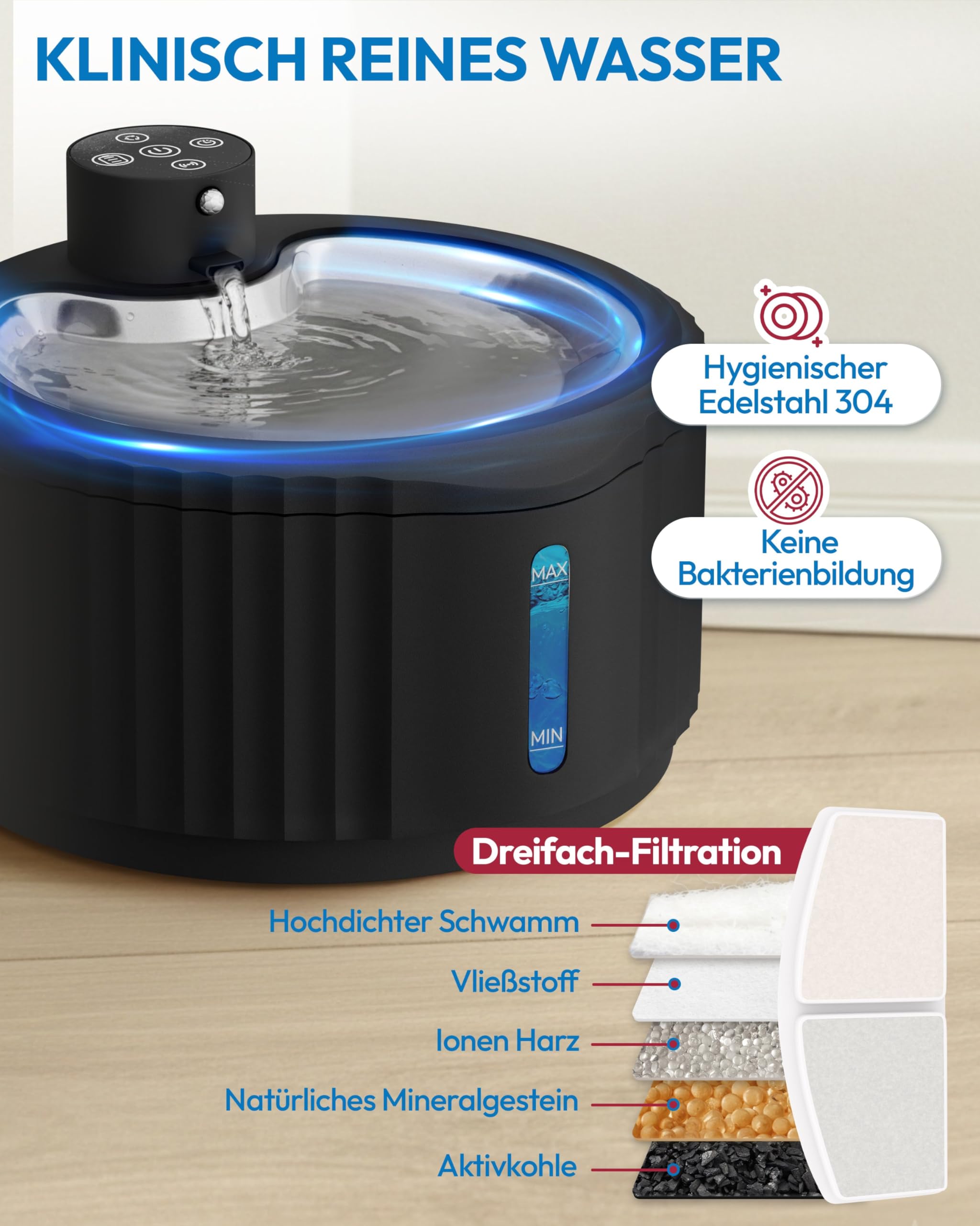 Miaura Katzenbrunnen kabellos leise 2.8L Bewegungsmelder Akkulaufzeit