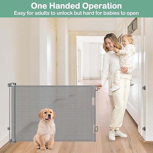 Miniatura 5 de Puerta retráctil de 55 pulgadas para perros al aire libre, de malla resistente a los arañazos, para escaleras, puertas retráctiles para bebés, para