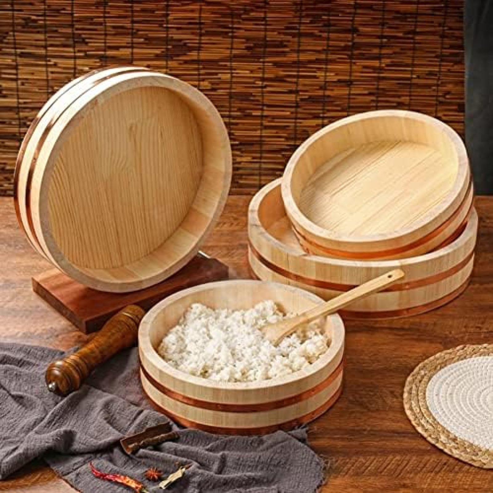 Hangiri - Recipiente para mezclar arroz y sushi de madera de pino, cuenco japonés con cuchara de madera, 12 unidades, 36 x 9 cm, perfecto para sushi auténtico