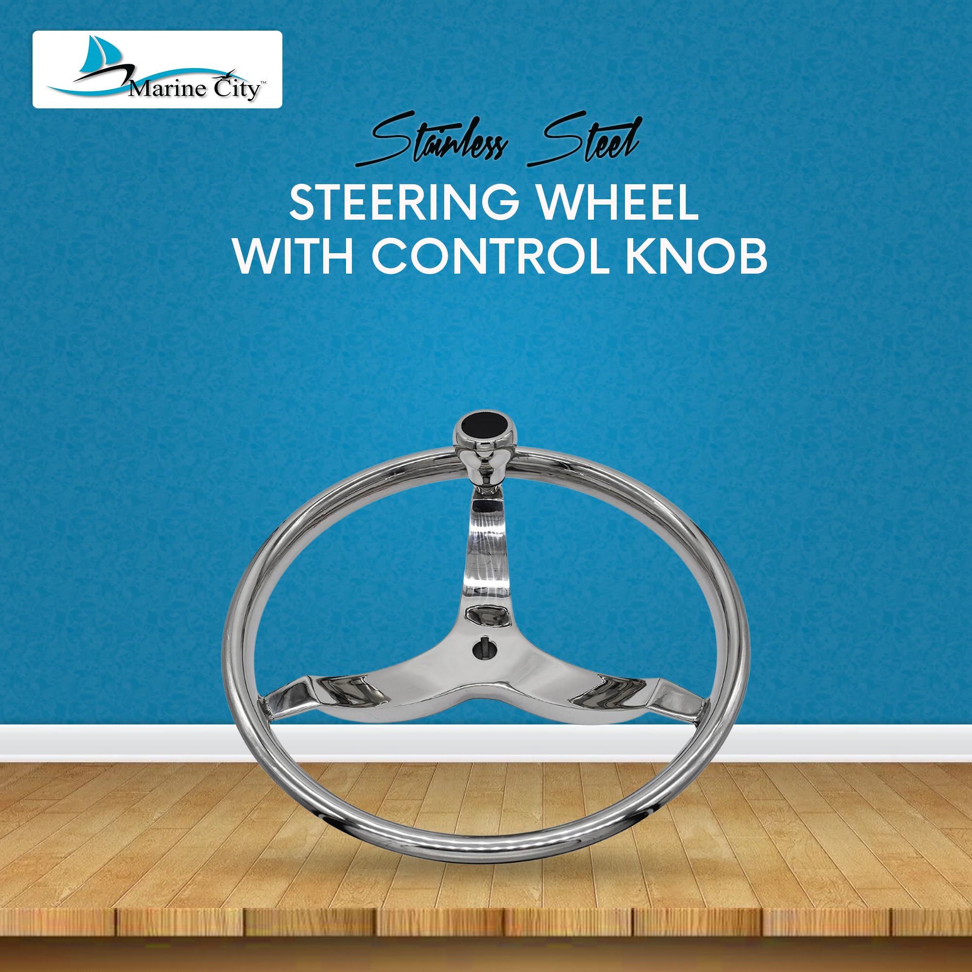 MARINE CITY 3-Spoke Sport Steering Wheel, 304 Grade Stainless Steel, with Knob, for Marines, Boats, Yachts, Marine Accessory Hardware (13-1/2