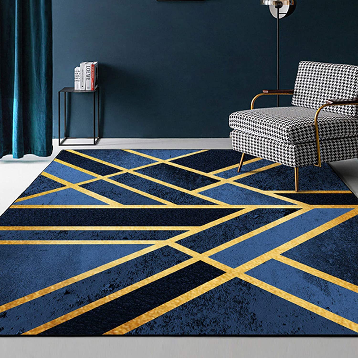 ESOUY Duże prostokątne dywany 180 x 250 cm, miękki wytrzymały dywan do sypialni salonu lub dowolnej przestrzeni wewnętrznej, złote linie geometryczne, niebieski, 180 x 250 cm