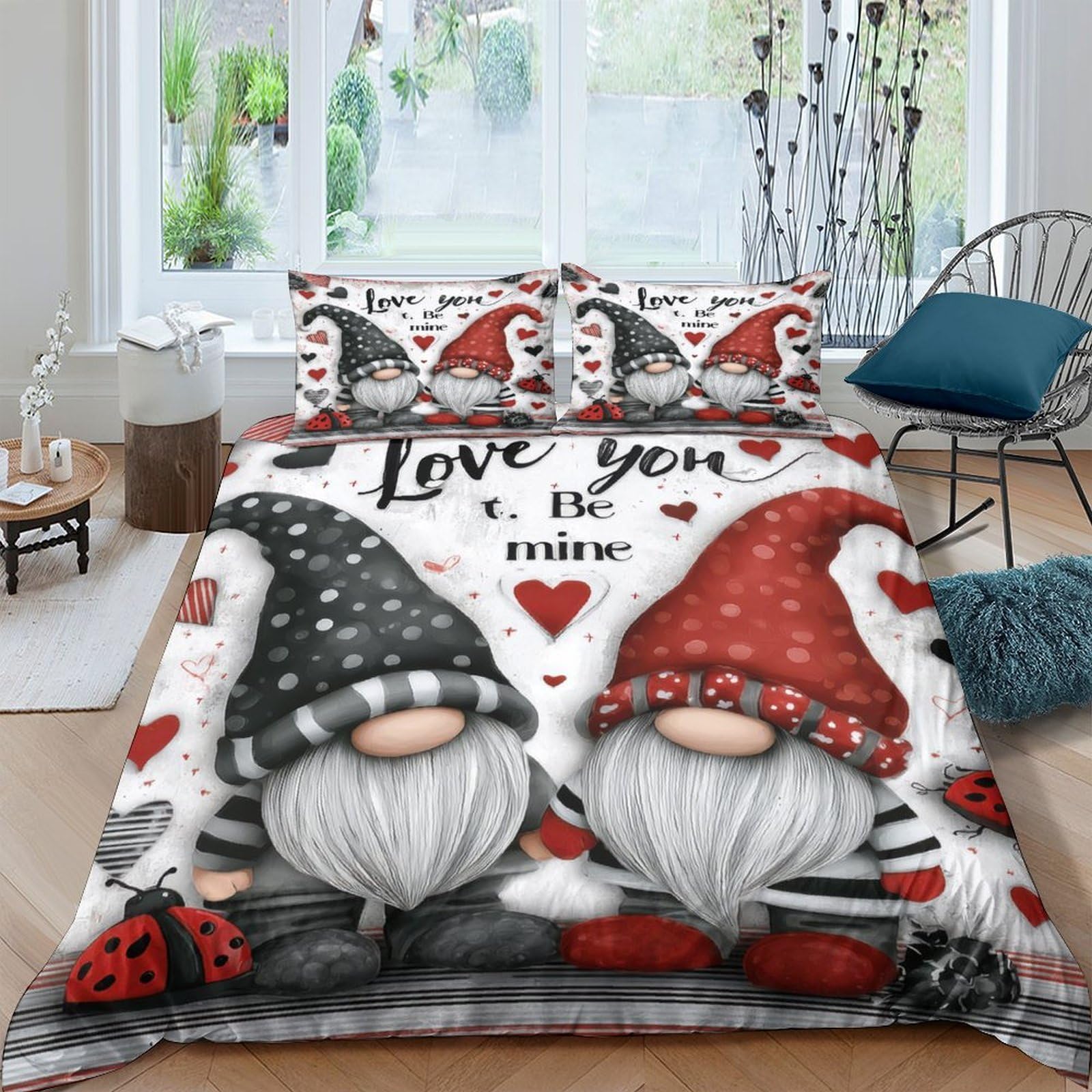 GPLZQXKJNH 3D Printed Gnome Love Duvet Cover Set Microfiber Red Black Cartoon Bedding Set with 2 Pillowcases for Bedroom Decor Single（135x200cm）