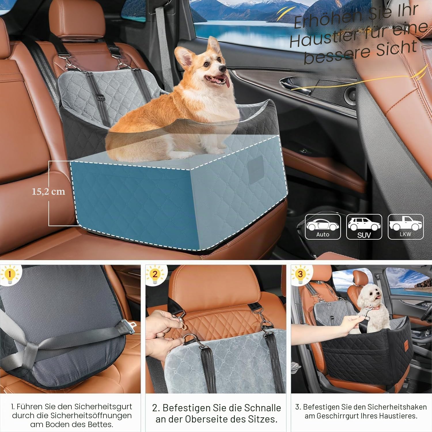 Hunde Autositz für Kleine/Mittlere Hunde, Memory-Schaum Erhöhter Hundesitz Auto, Abnehmbar & Waschbarer Hundebett Auto mit Aufbewahrungstaschen und Sicherheitsleinen (Schwarz Grau, Mittel)