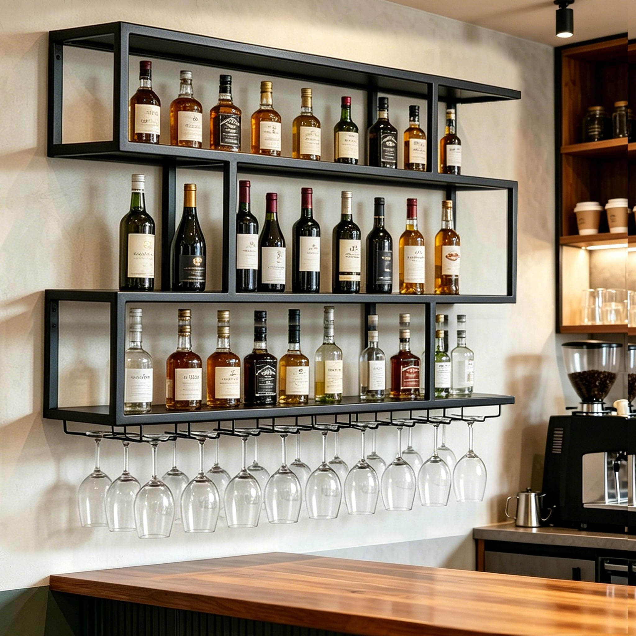 100cm Portabottiglie da Parete in Metallo, 3 Livelli Porta bottiglie Da Vino Con Ripiano Espositivo e Illuminazione LED, Mensola per vino Per Casa, Bar, Ristorante (180cm)