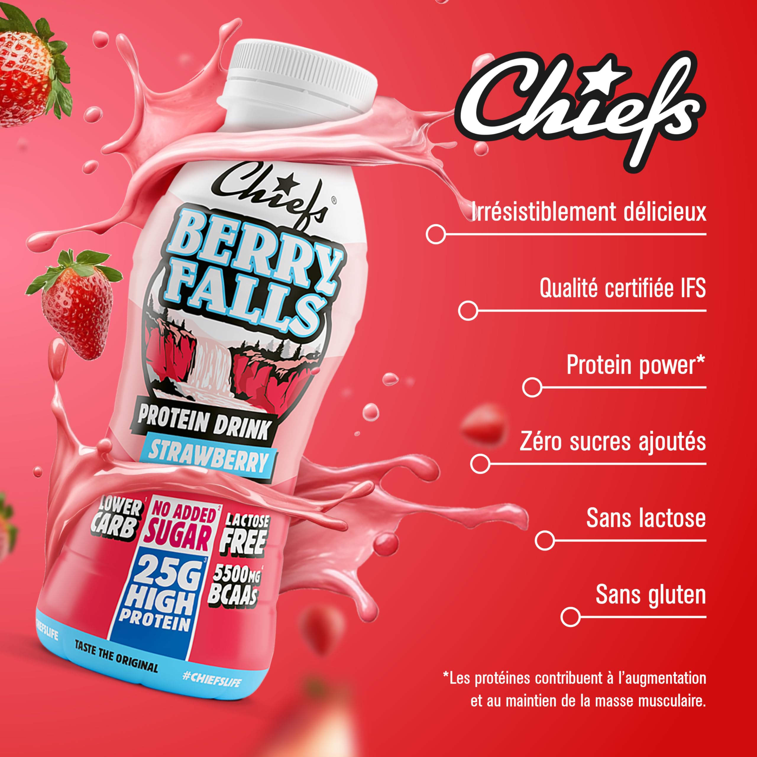Chiefs® Milk Protein Drink avec 25 g de protéines et BCAA • Shake riche en protéines et faible en glucides, sans lactose et sans sucres ajoutés • 8 x 330 ml (Berry Falls)