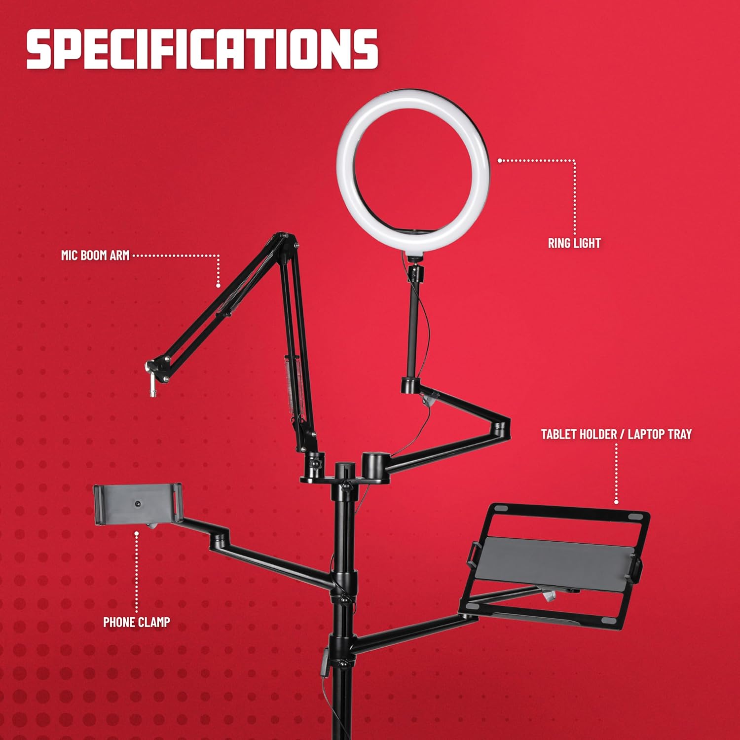 Gator Frameworks 5-in-1 Mobile Content Creator Streaming Stand with Wheeled Tripod Base – Includes Smartphone, Tablet, Laptop Clamps, Ring Light, and More! (GFW-STREAMSTAND-W)