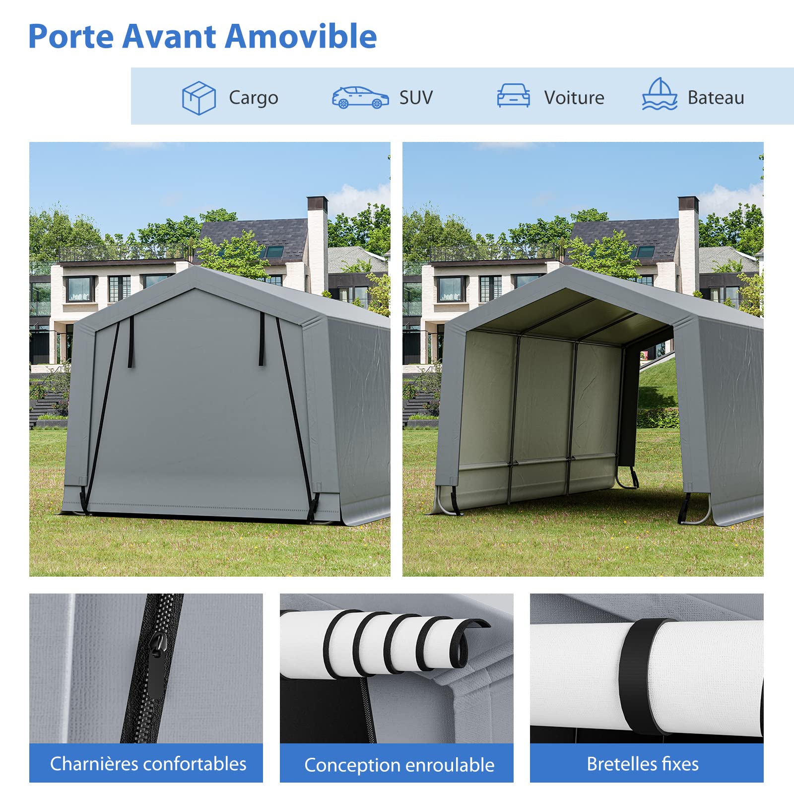COSTWAY Tente Garage Carport Portable en Acier 290 x 490 cm, Abri Voiture Étanche Grand Auvent avec Portes, Poutres Triangulaires, Toutes Saisons pour SUV, Bateau, Cargaison