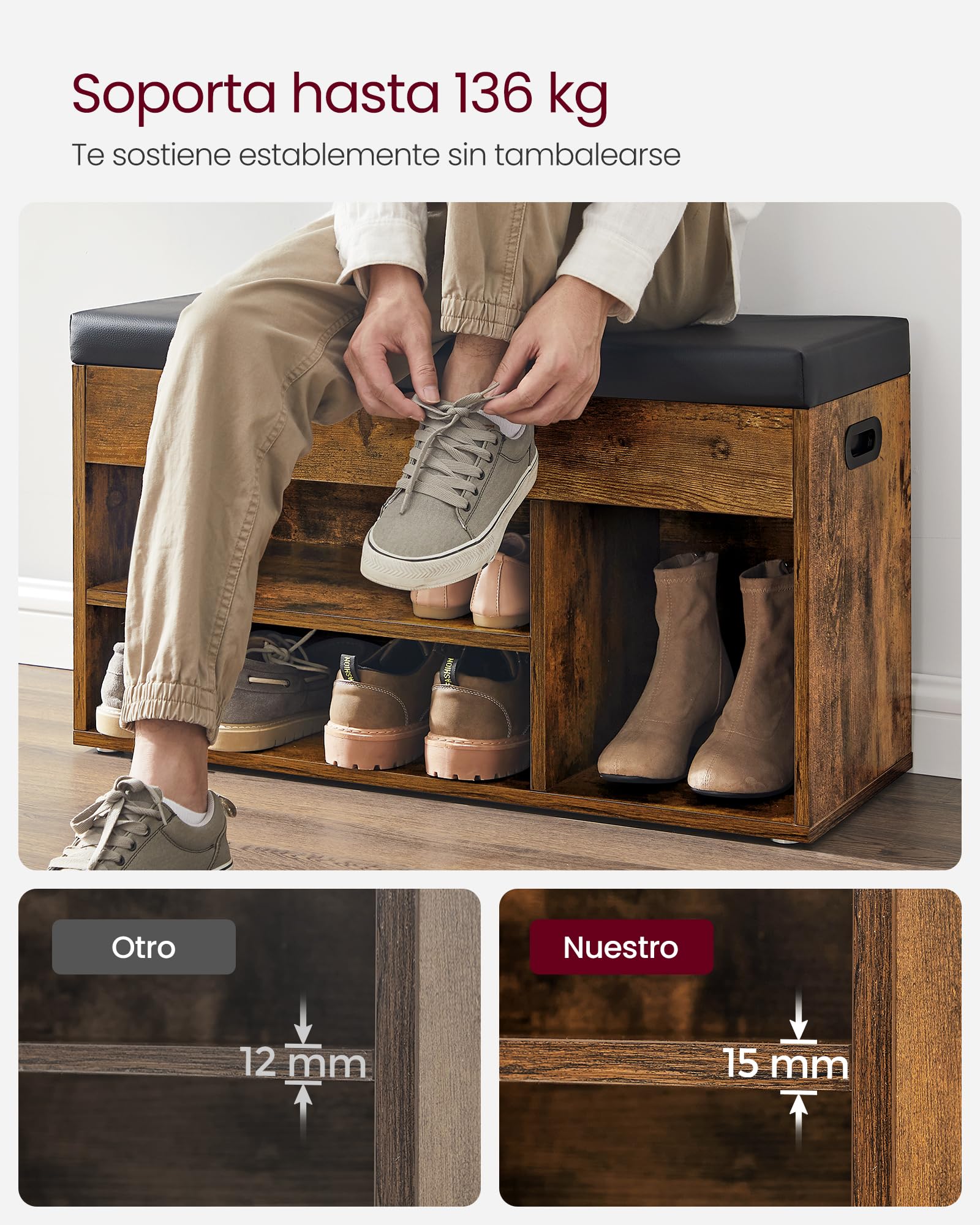 VASAGLE Banco Zapatero con Cojín, Banco de Almacenamiento, 3 Compartimentos, Almacenamiento Oculto, Estantes, Sala de Estar, Pasillo, Dormitorio, Carga 136 kg, Marrón Rústico LHS30BX