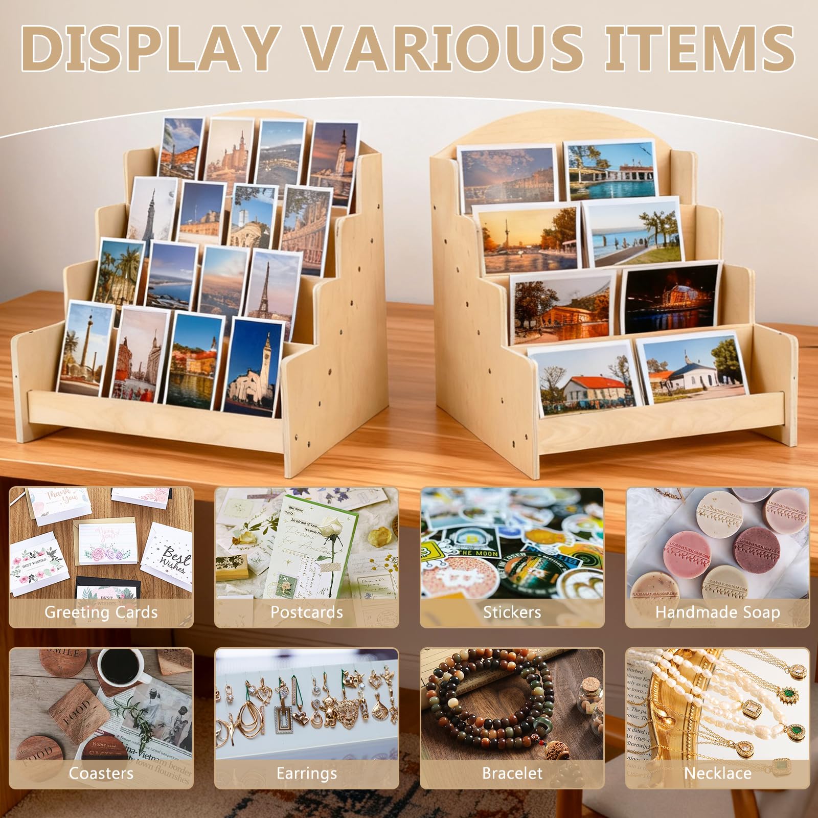 GAESHOW Kartenständer, Postkartenständer, Holz kartenaufsteller Postkartenhalter, 4 Etagen Postkarten Aufbewahrung Display Ständer für Grußkarten, Kartenaufkleber, Broschüren