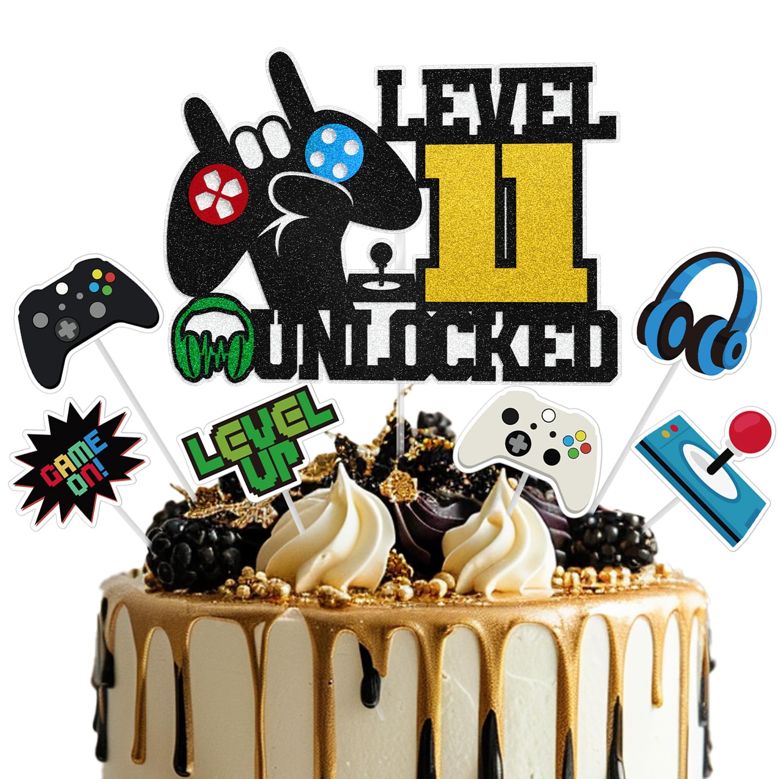 Video Game Cake Topper, Level 11 Unlocked Cake Topper, 11 Years Old Game Party Decorations for Boys Girls, Video Game Controller Themed Birthday Party Supplies for Game Fans, Kids and Men