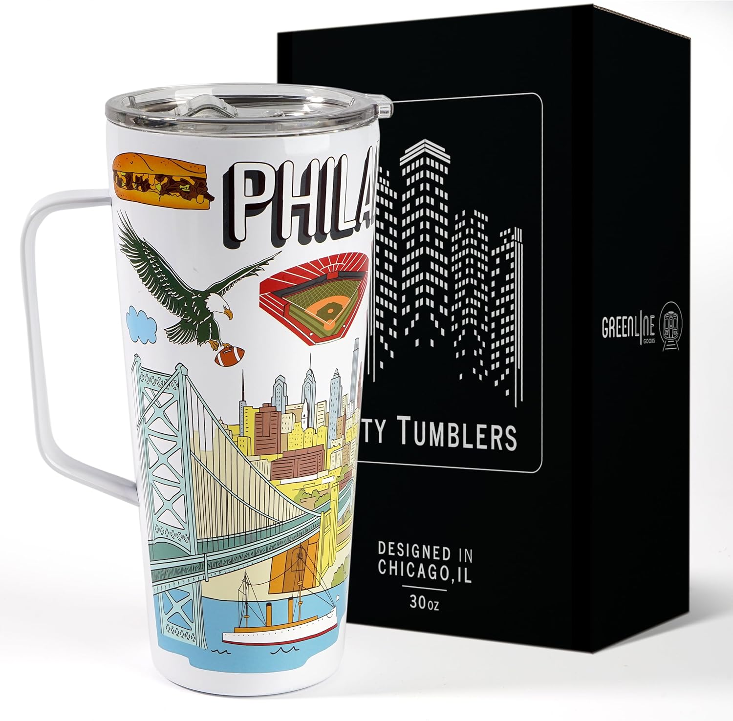 Greenline Goods 30oz Philadelphia City Insulated Tumblers with Lids & Handle – Stainless Steel Tumblers for Hot & Cold Beverages, Elegant Coffee Tumbler Mug Design – Hot & Cold Coffee Tumbler City Map Tumbler Philadelphia