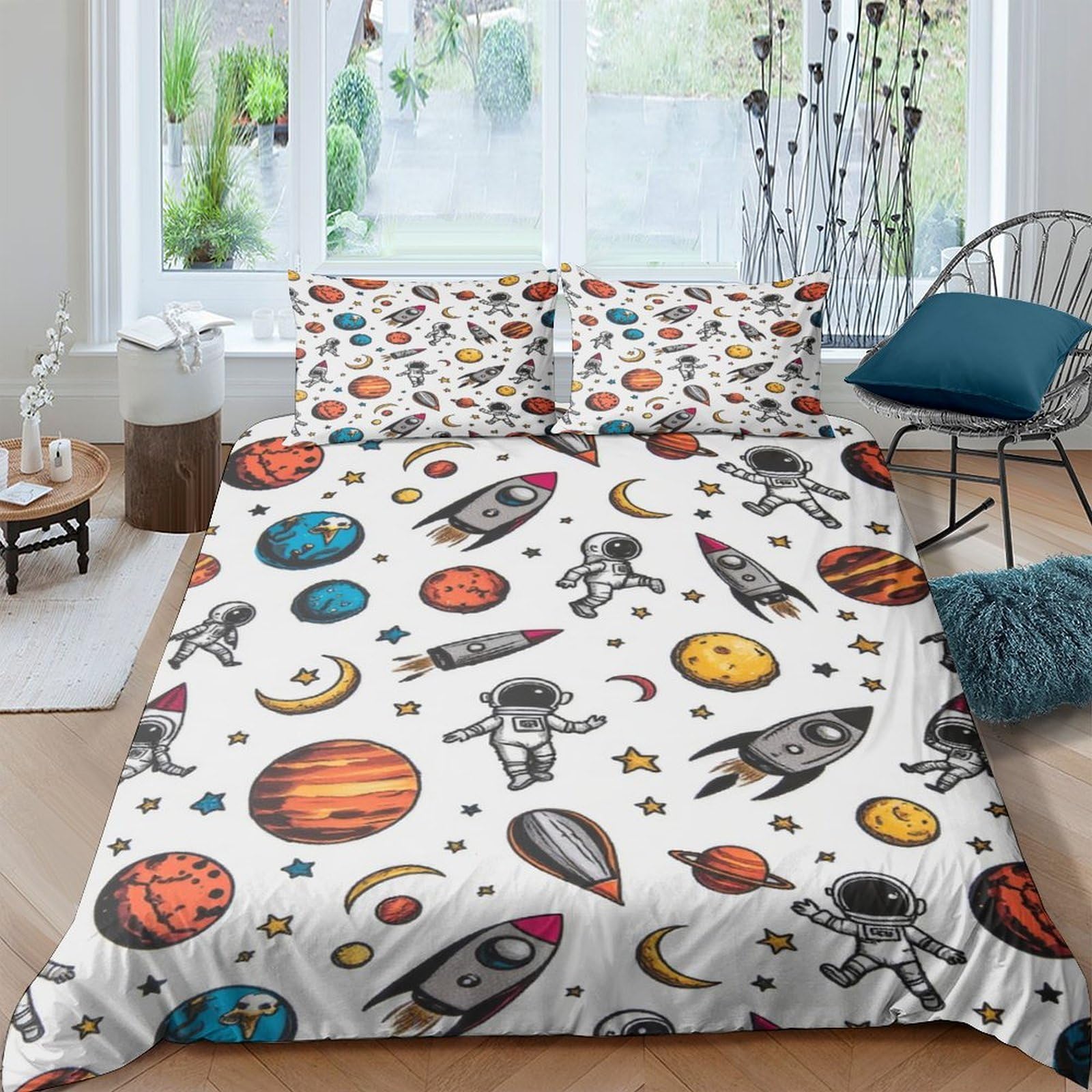 Ctjqhvkz Style-1 3D Printed Space Rocket Fitted Sheet Microfiber Soft Astronaut Planet Mattress Cover For Bedroom Home Decor Single（135X200cm）