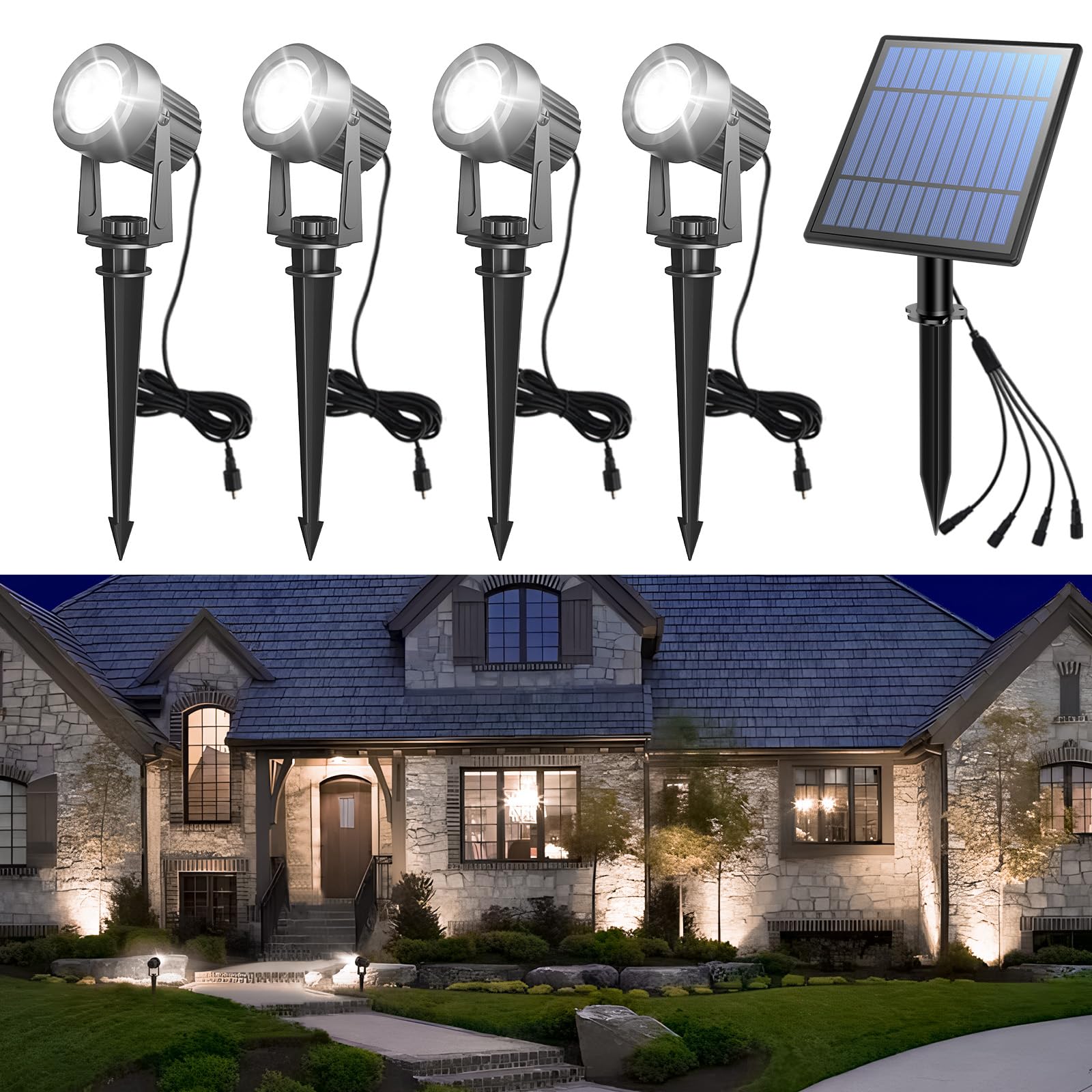 APONUO Solar Spot Lights Outdoor 4-in-1 Solar Landscape Lighting Dusk to Dawn Solar Uplights IP65 Waterproof 9.8ft Cable Outdoor Spot Lights for Yard Pathway Garden Tree Decoration (Cool White)