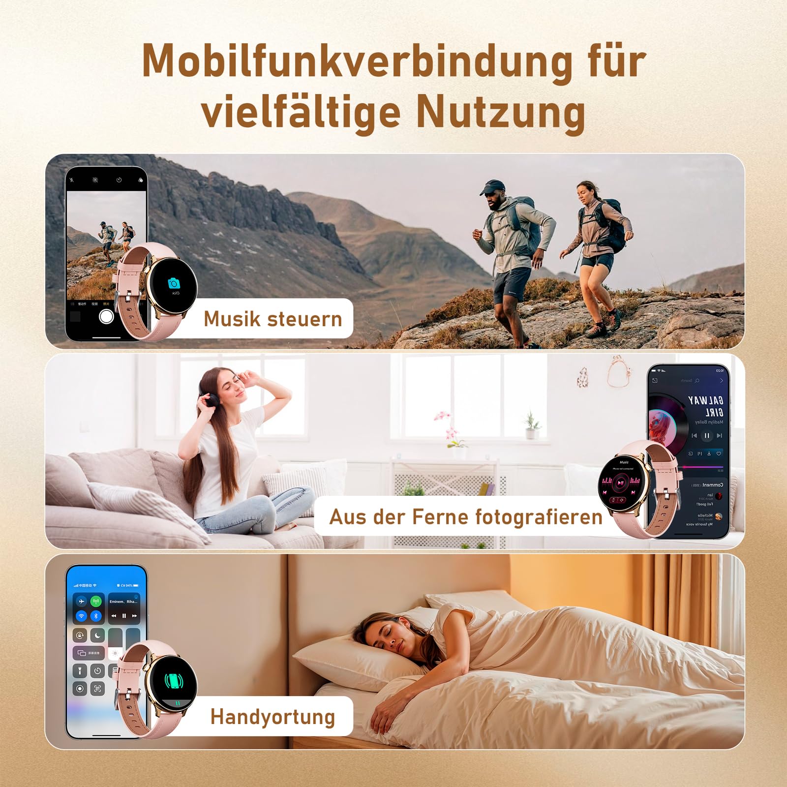 OKYUK Reloj Inteligente Mujer con Llamadas,1.27" HD Smartwatch Mujer con frecuencia cardíaca 24 h, monitorización de SpO2 y del sueño, 90+ Modos Deportivos, Compatible con Android e iOS (Dorado)