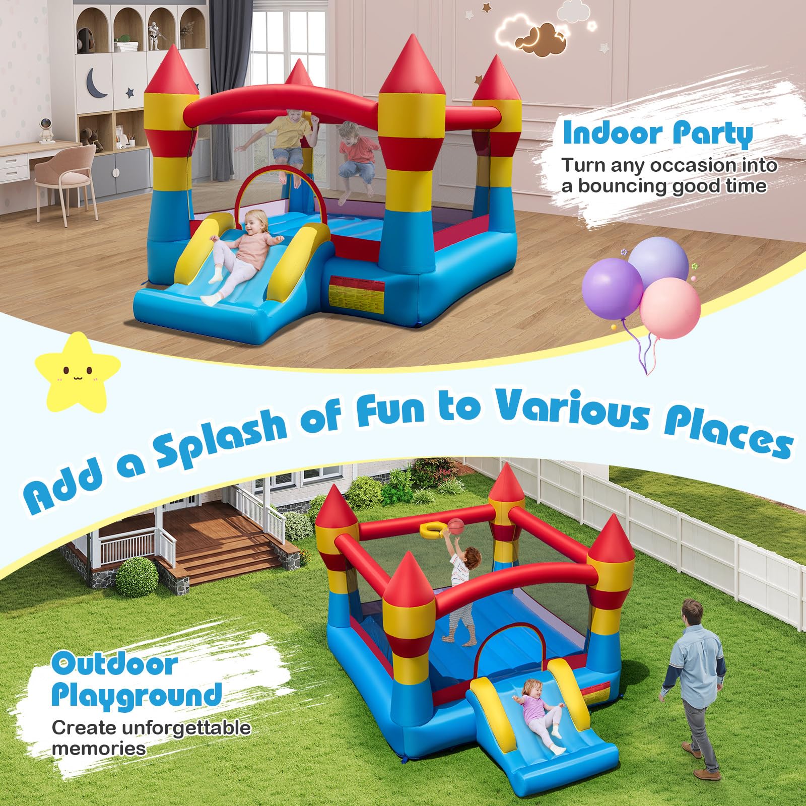 FANTASK Hüpfburg mit Rutsche, Kinder Springburg mit großem Sprungbereich inkl. Tragetasche & Reparaturset, für Indoor & Outdoor, 370 x 280 x 230 cm