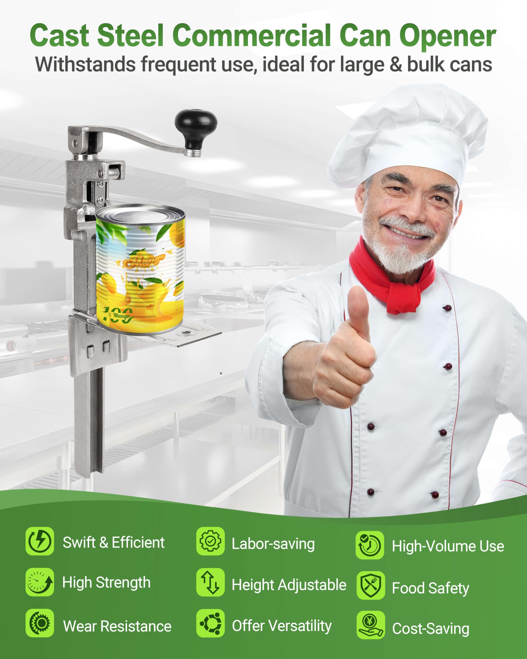Abrelatas comercial resistente – Abrelatas manual de mesa abre latas de hasta 11 pulgadas de alto, abrelatas industrial con base de acero chapado para restaurante, tienda de alimentos, hotel, bar