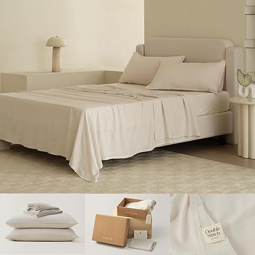 Double Stitch by Bedsure Sábanas de lino Tencel, presentadas en USA Today, juego de sábanas Queen con bolsillo profundo de hasta 16 pulgadas,