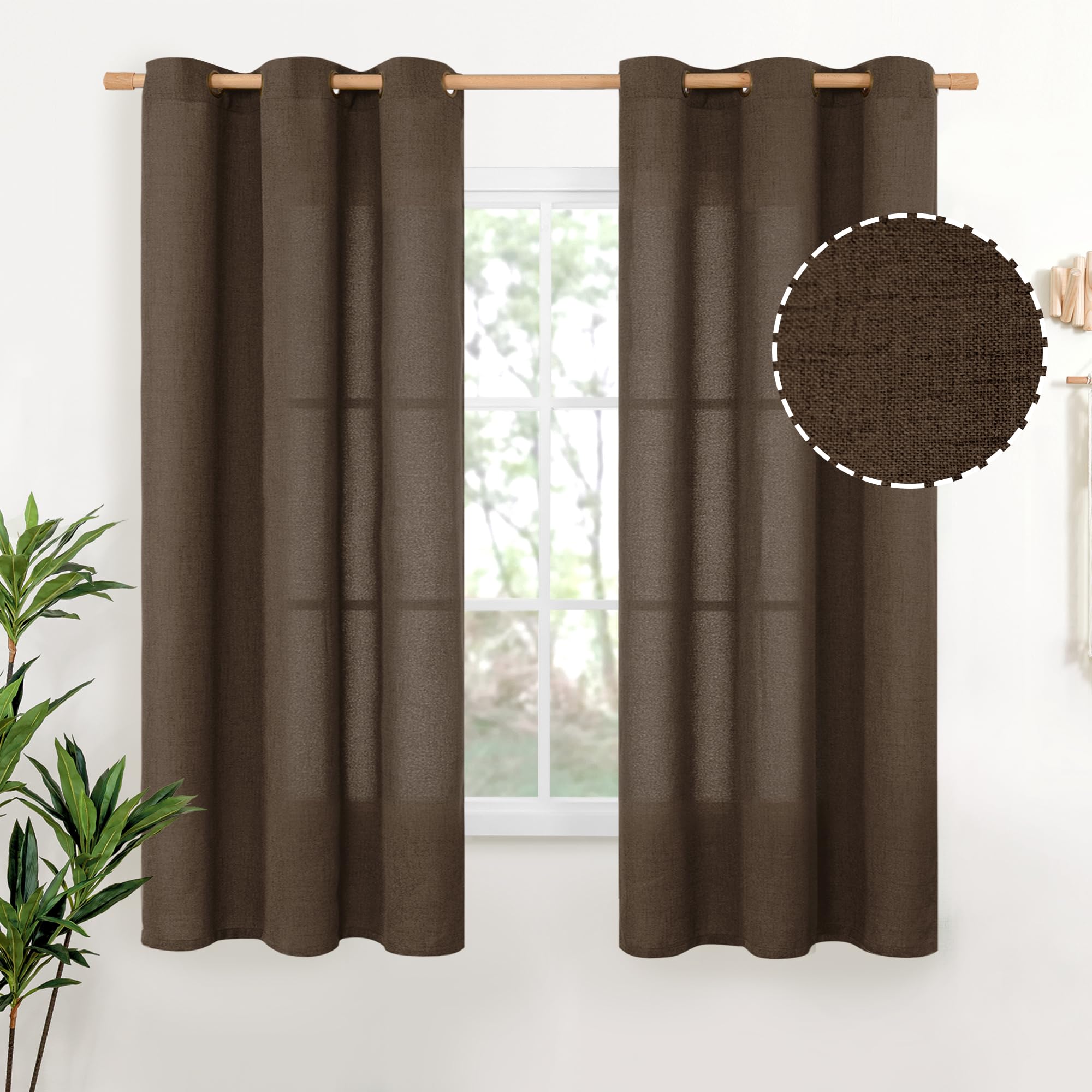 YoungsTex Brown Linen Curtains 63 Inches Length - Light Filtering Chocolate Semi Sheer Window Drapes with Bronze Grommet for Living Room/Bedroom/