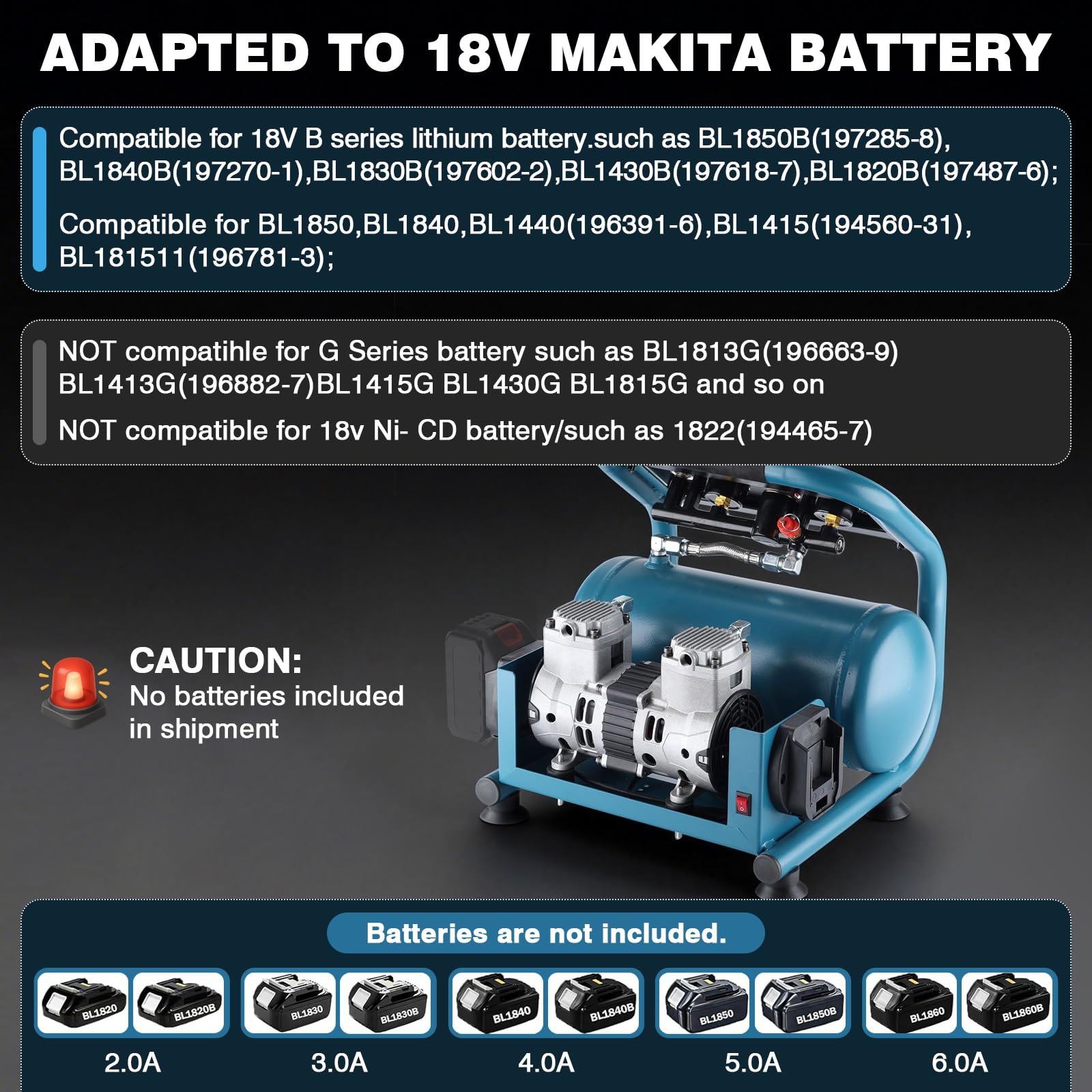 Compresor silencioso de aire comprimido compatible con Makita de 18 V | (On Akku), compresor de aire portátil, presión de trabajo de 7,5 bares, capacidad de botella de gas de 9 l