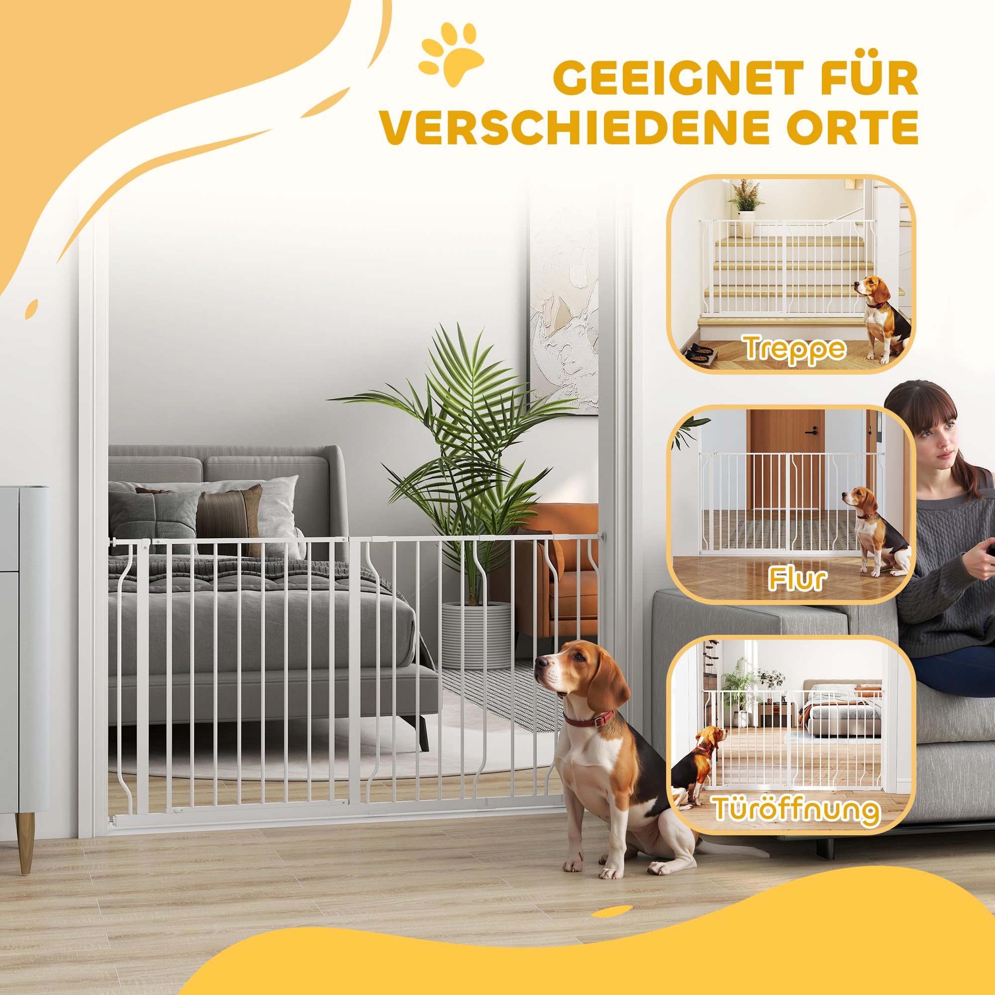 PawHut Türschutzgitter mit 10/20 cm Verlängerung für 75-145 cm Weiß | Treppenschutzgitter ohne Bohren, Türgitter, Treppengitter, Beidseitige Einhand Öffnung, Schwenkbar, Stahl