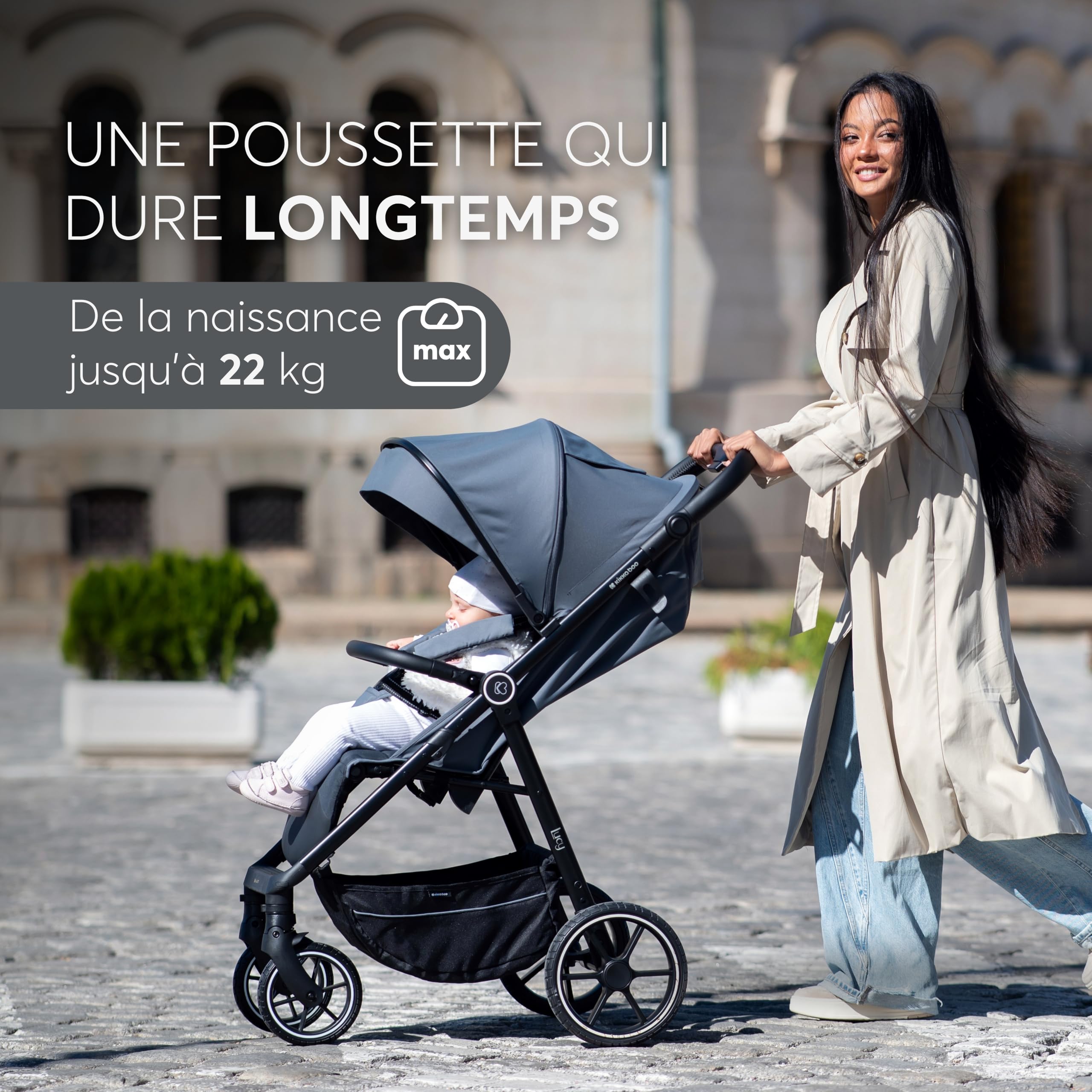 Poussette KikkaBoo LUCY, poussette bébé, jusqu'à 22 kg, poussette légère, pliable et compacte, noire