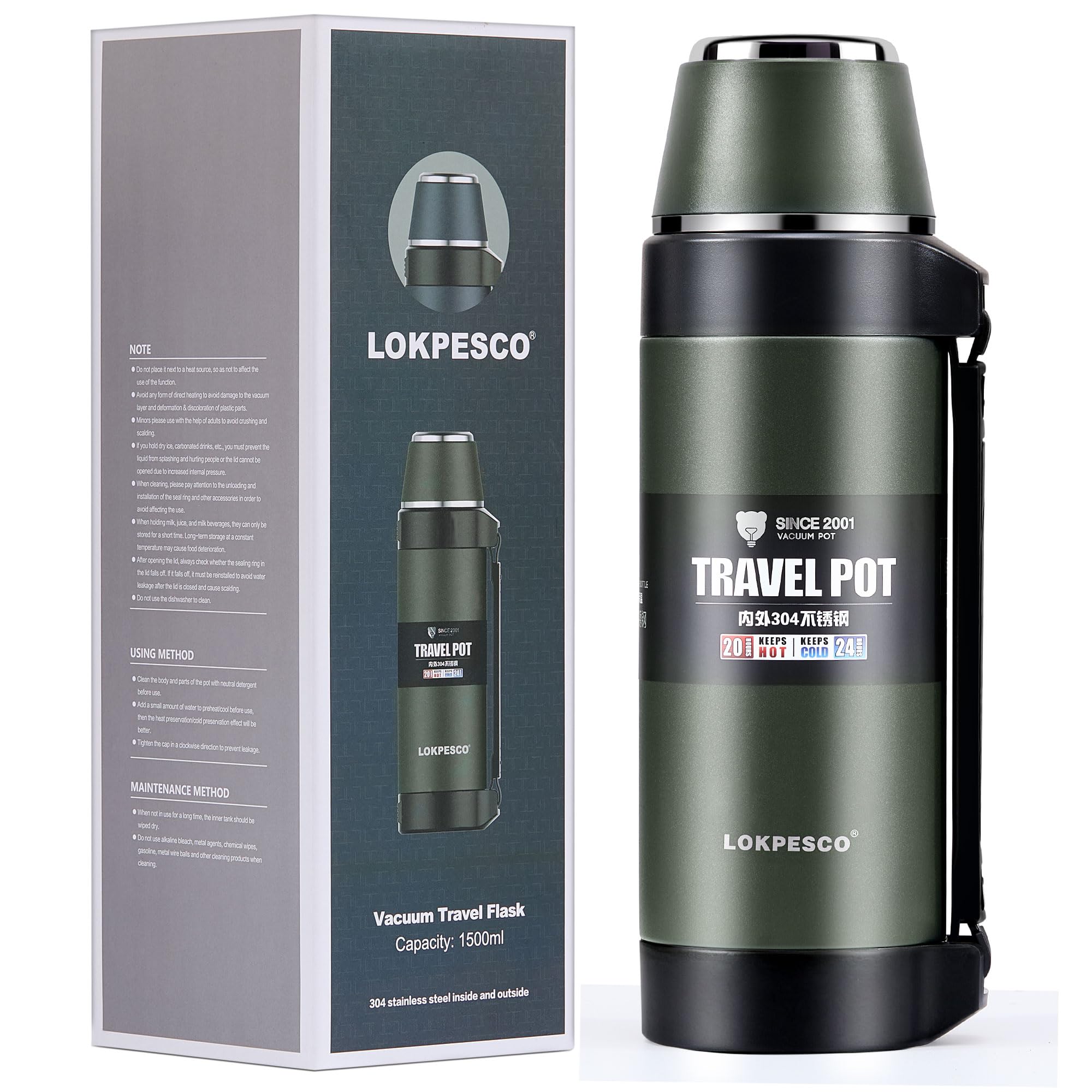 LOKPESCO Flask for Hot Drinks, 1.5L Coffee Thermo Flasks, 24 Hrs Hot|Cold, St...