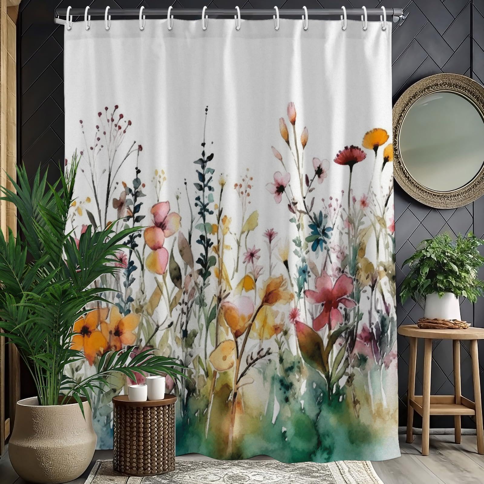 UIYIUI Colorful Floral Shower Curtain 72x72in/183x183cm Boho Watercolor Wildflowers Plant Bathroom Curtains, Modern Aesthetic Waterproof Fabric Shower Curtains for Home Hotels Bathtubs Decor