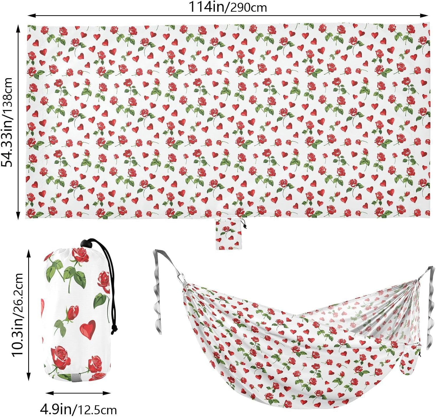 ALAZA Heart Red Rose Flower Floral Camping Hammocks Single or 2 Person 500 lbs Portable Parachute Travel Hammock w/Tree Straps for Hiking Backpacking Indoor Outdoor