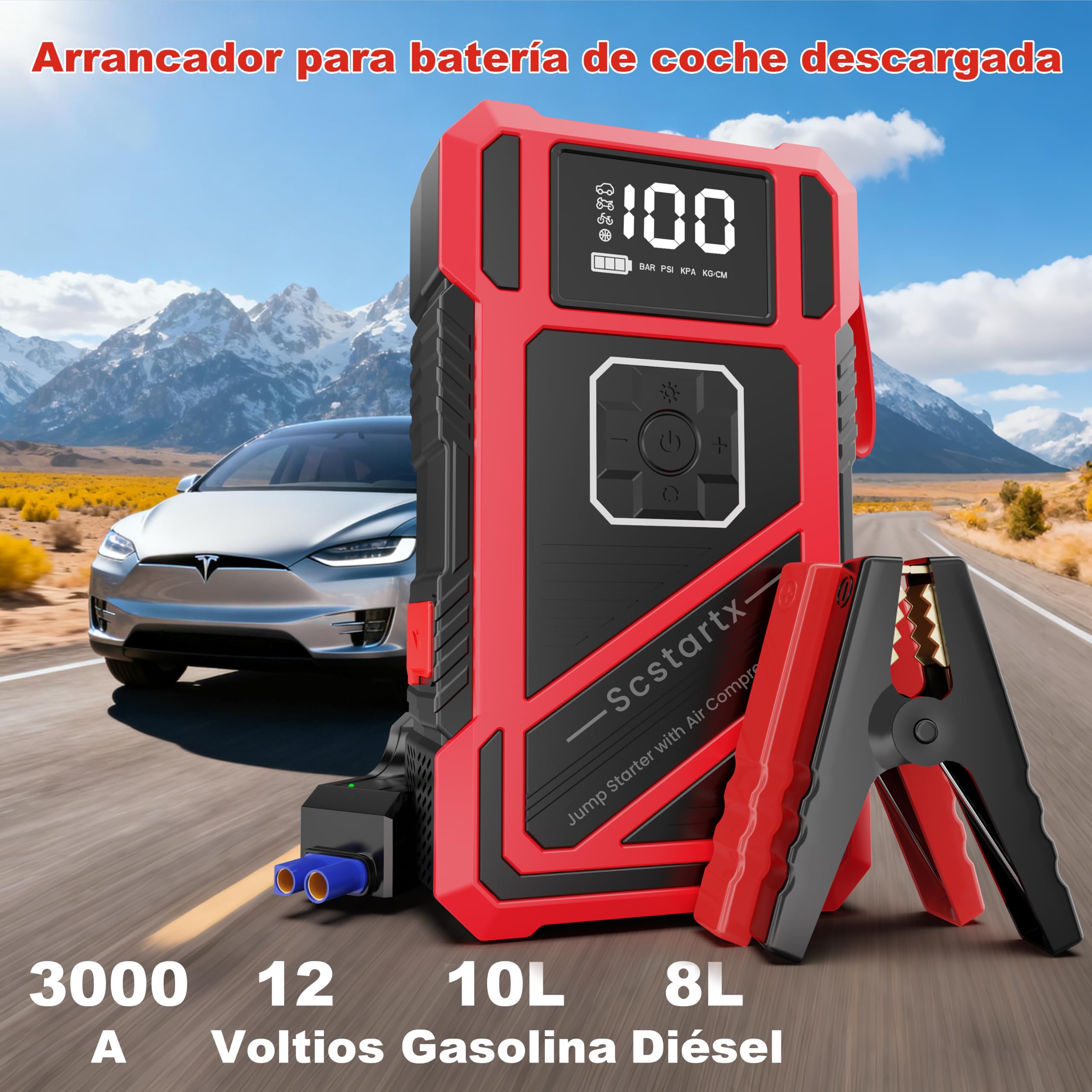 Compresor de aire portátil y arrancador de batería 2 en 1, 150 PSI, 3000 A, bomba de aire sin cable para coche, moto, bicicleta y pelotas, 12V, con luz LED