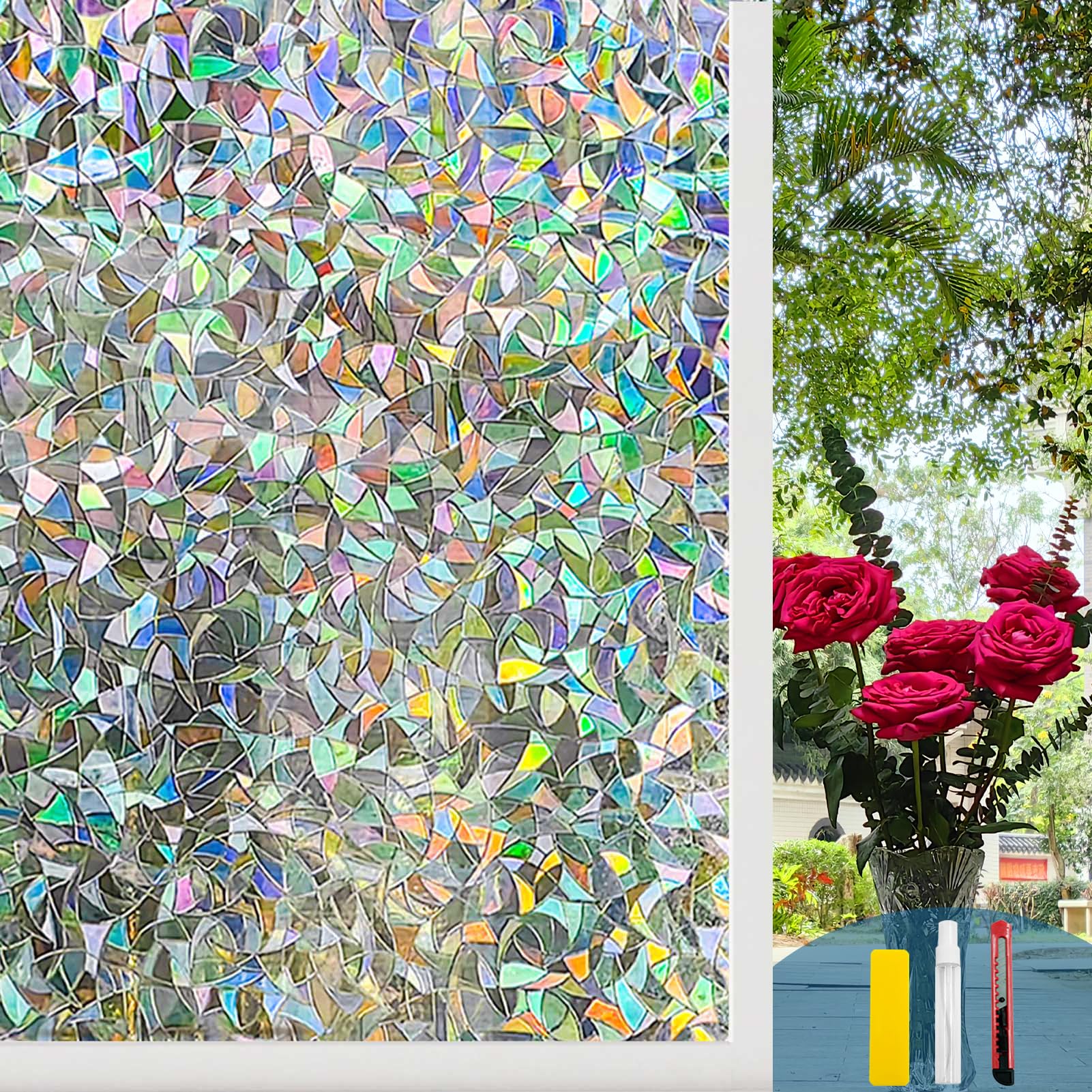 COUNTEWOL Rainbow Window Privacy Film - 3D Static Cling Sticker, Non-Adhesive Stained Glass Decals for Home Office - Privacy Protection & Decorative Vinyl (Rainbow, 17.5 x 78.7 Inch)