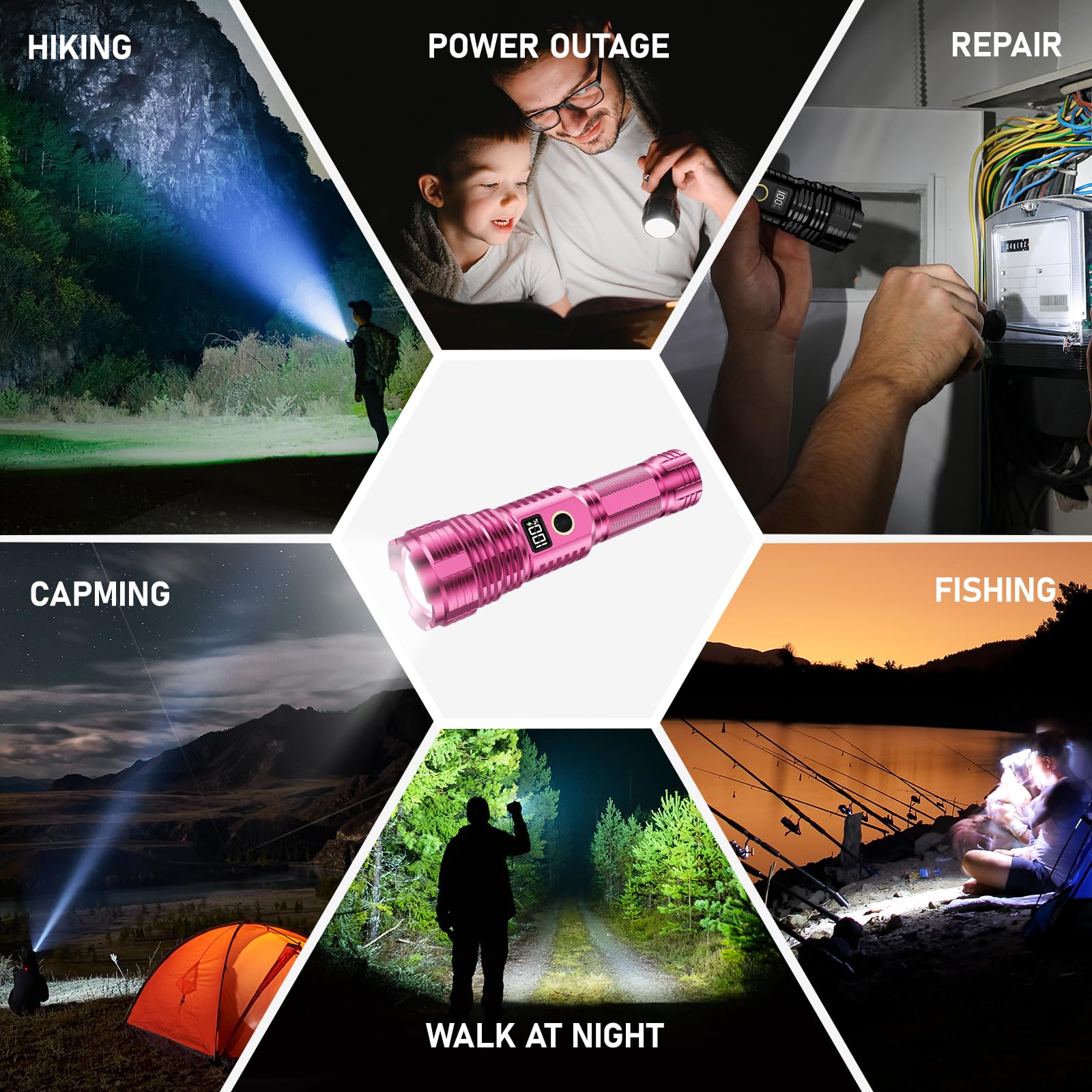 Torcia ricaricabile ad alta luminosità, LED super luminosa, fascio lungo, zoomabile Linternas con display digitale LCD, 5 modalità, impermeabile, potente torcia tattica per emergenze, regalo da