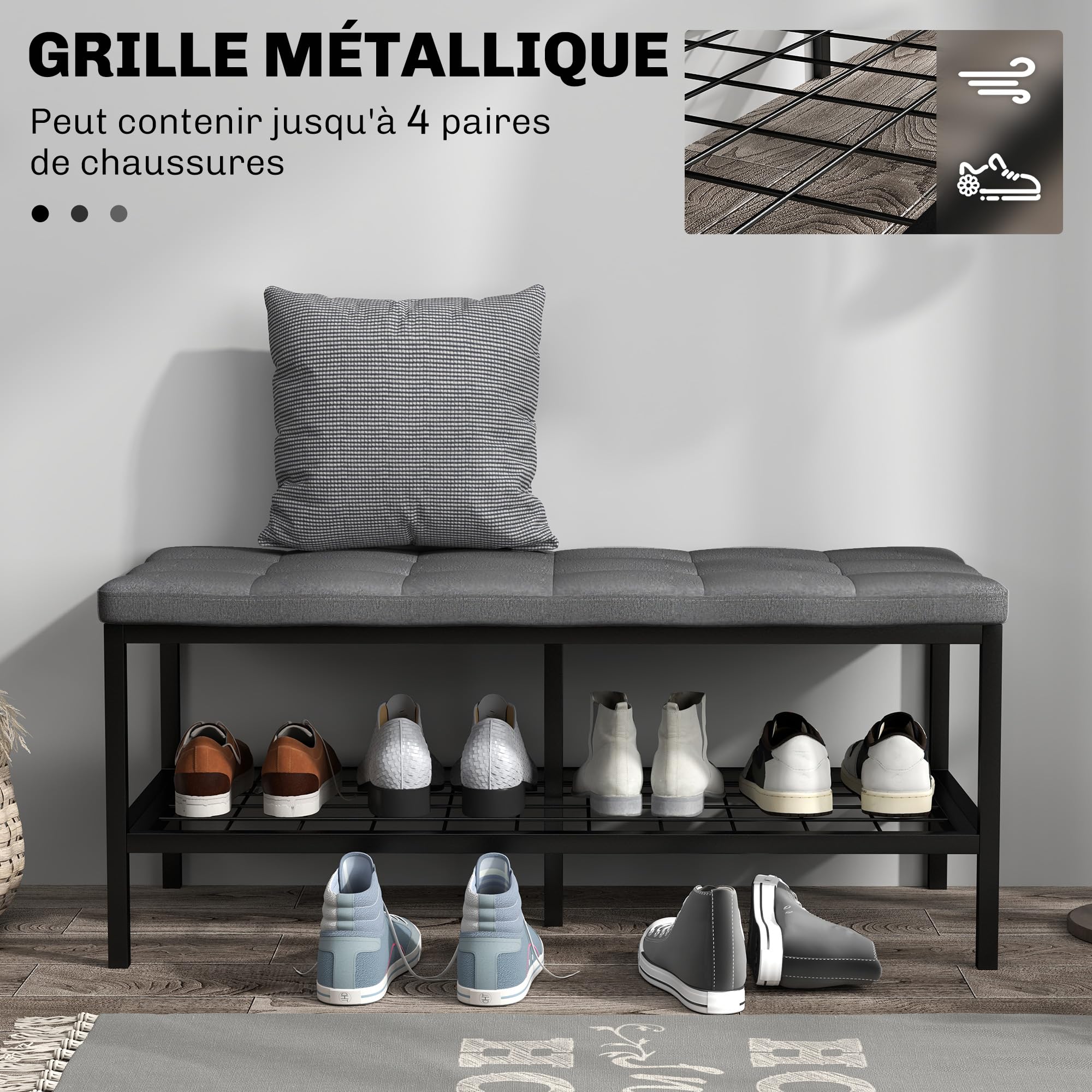 HOMCOM Schuhbank mit gepolstertem Kissen und Aufbewahrungsregal 90 x 41 x 40 cm grau