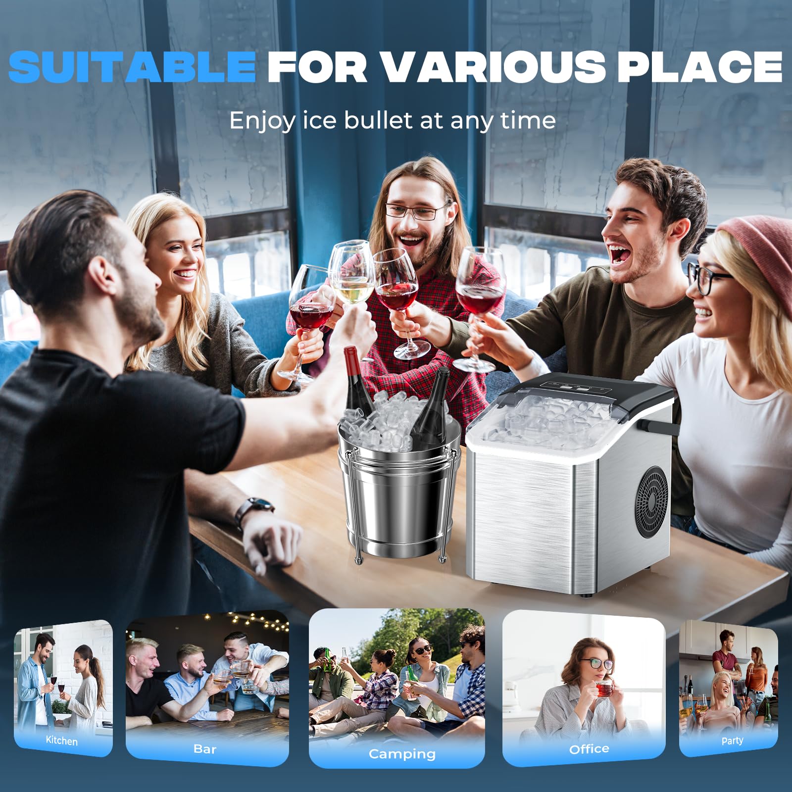 Fabbricatore di Ghiaccio 15kg/24h, 9 Cubetti in 6 Min, Macchina Ghiaccio Portatile con Maniglia e Pulizia Automatica, 2 Dimensioni Cubetti a Proiettile, per Cucina, Campeggio, Casa, Festa - Nero/Inox