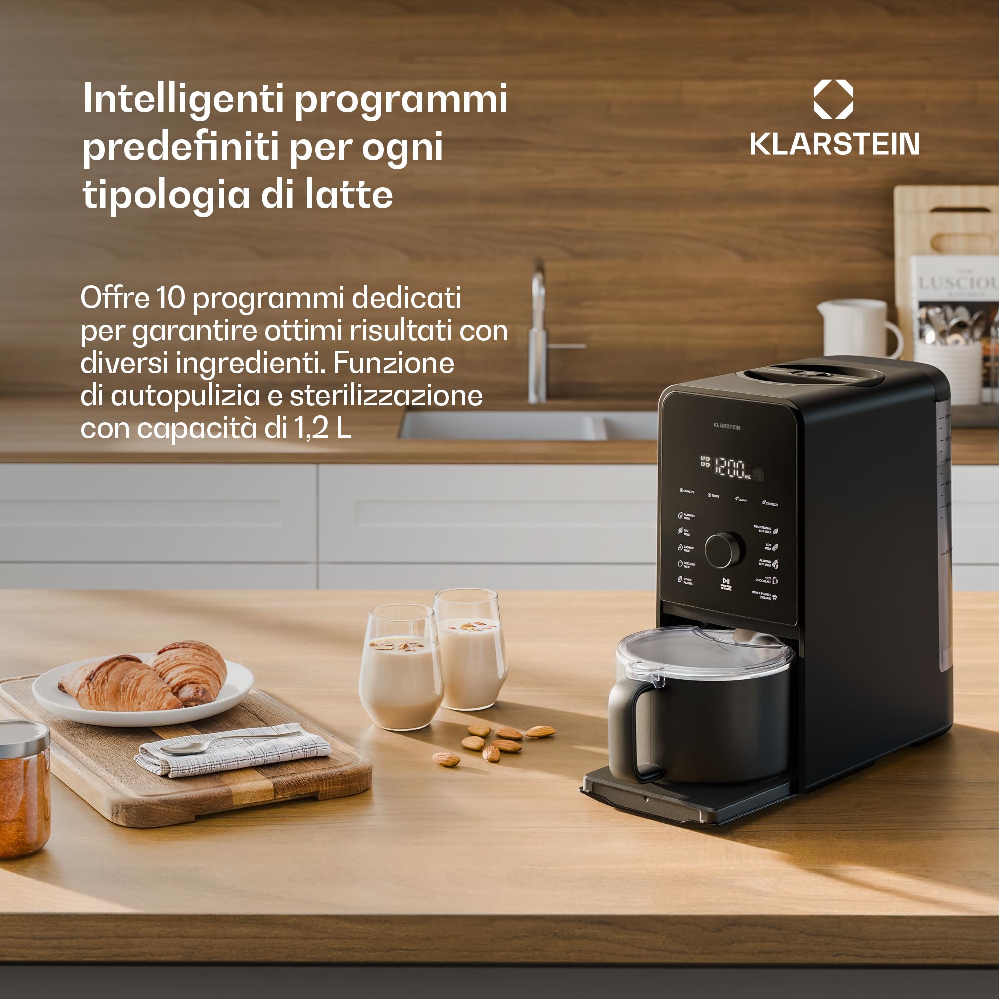 Klarstein Marcia Touch Macchina per il Latte Vegetale, 1200W, 12 Programmi, Autopulente, Display LCD, Brocca 1.2L Acciaio, per Latte di Mandorle, Avena & Noci