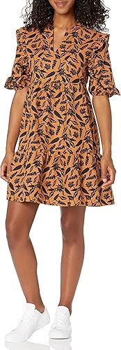 Goodthreads Vestido escalonado de lino lavado con mangas de codo y cuello dividido para mujer