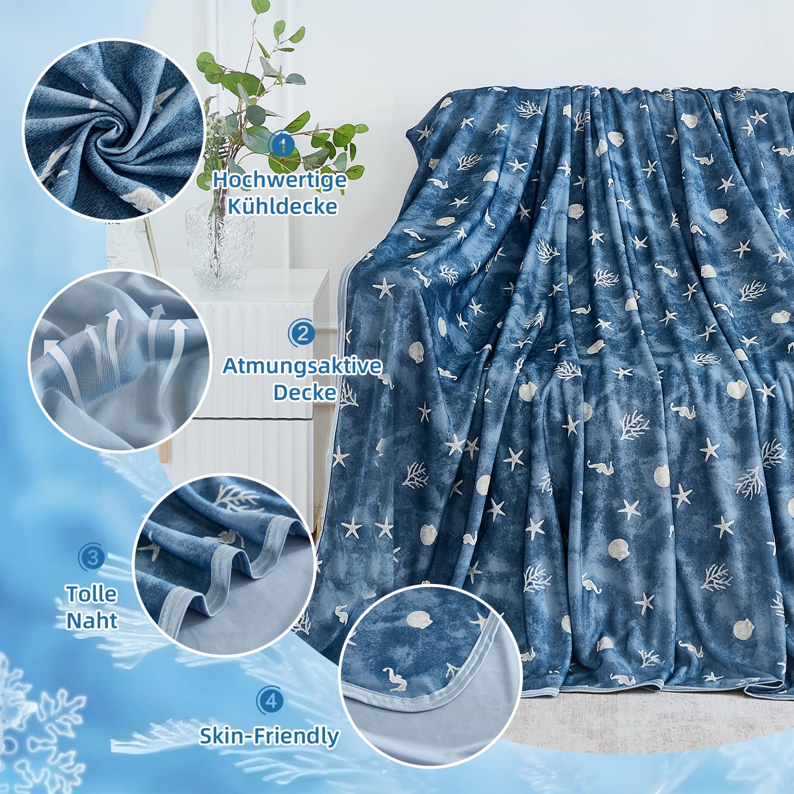 WONGS BEDDING Kühldecke Sommerdecke mit Japanische Arc-Chill Q-Max 0,43 Kühlfasern, Blau 150x200cm