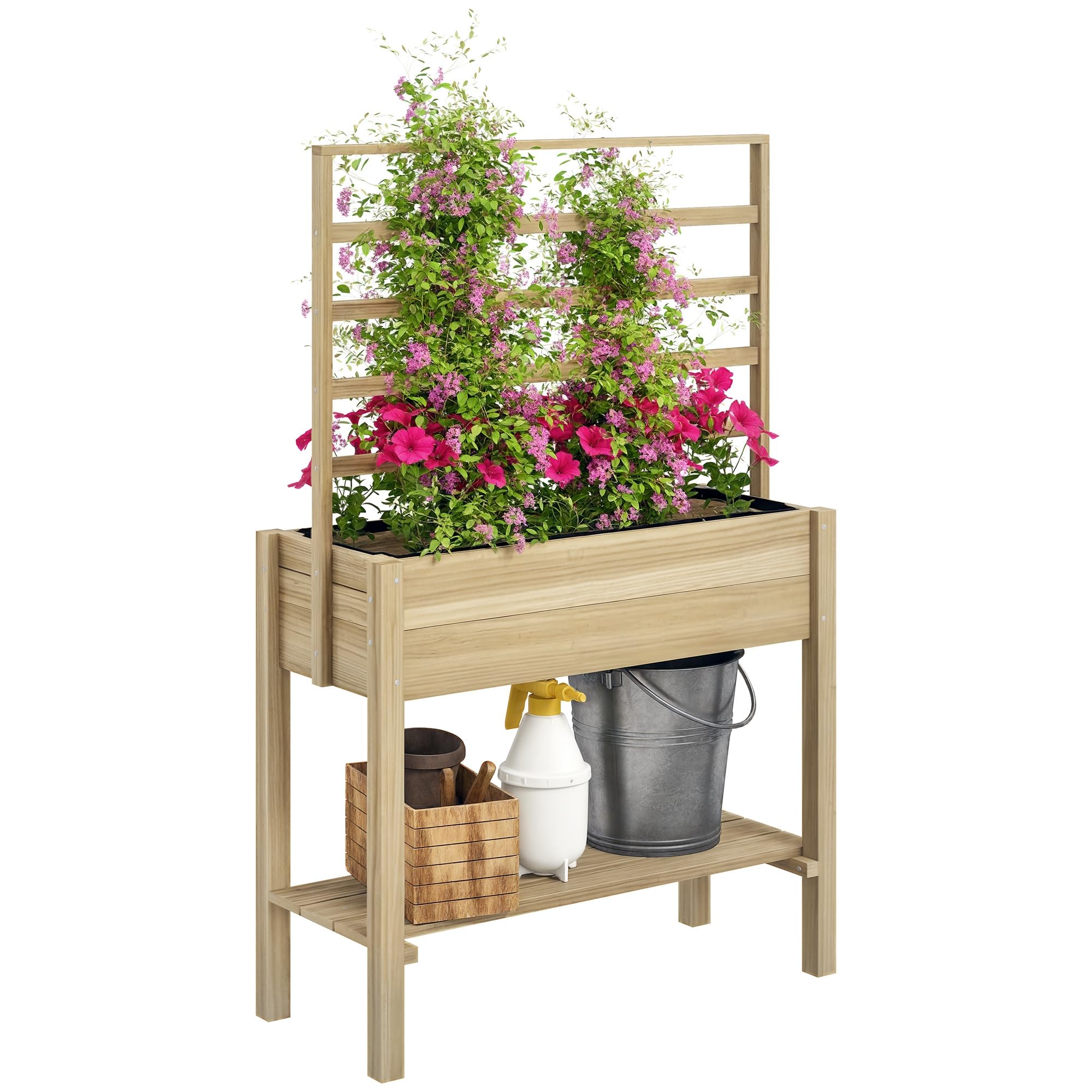 Outsunny planter with trellis flower box with wheels raised bed for climbing plants garden natural wood white 76 x 30 x 155 cm