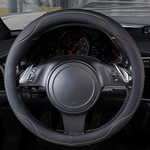 Miniatura 3 de Car Pass - Funda de cuero con colorido ribete y de ajuste universal para volante de 14.5 a 15 pulgadas, ajuste perfecto para SUV, camionetas,