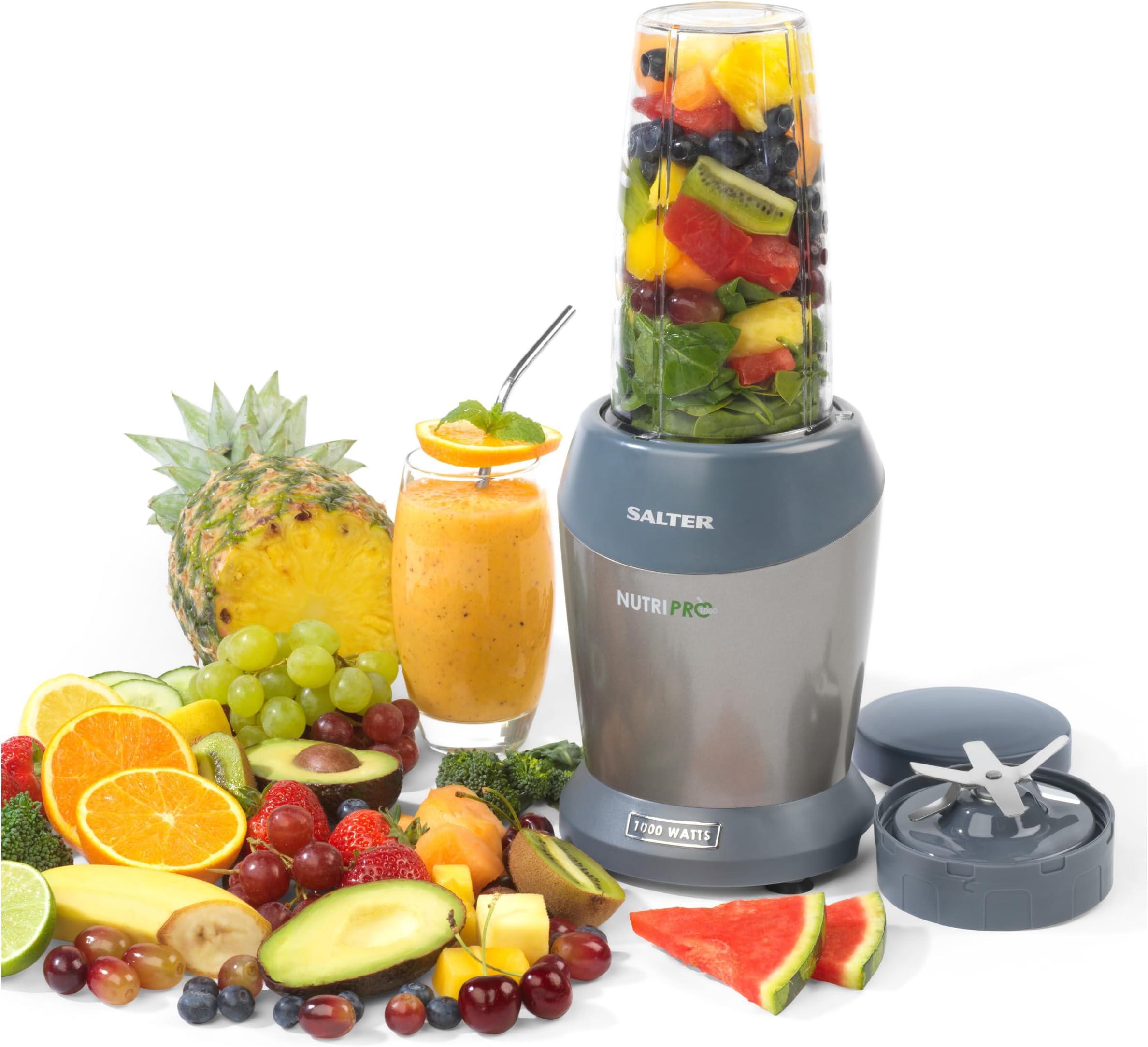 Salter EK2002V5SILVER NutriPro 1000 Multi-Purpose Blender and Smoothie Maker, Multipurpose Blade, One-Touch Operation, Create Delicious Smoothies, Soups and Cocktails, BPA Free, 1 Litre, 1000w